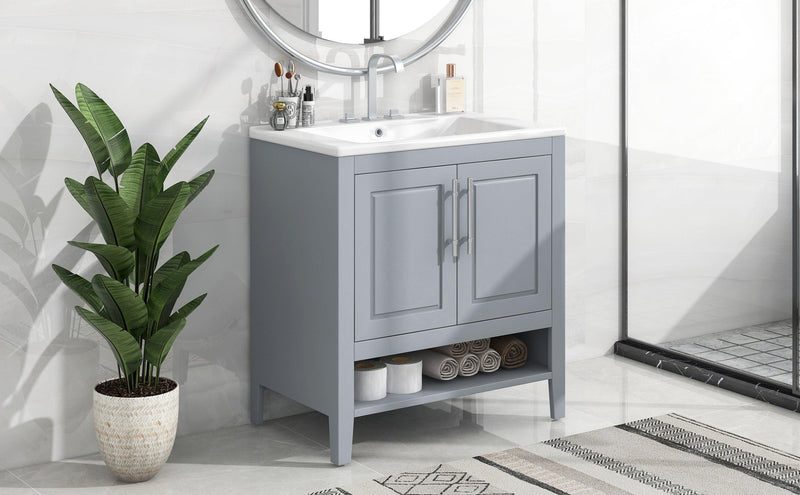 Supfirm 30" Bathroom Vanity with Sink, Multi-functional Bathroom Cabinet with Doors and Drawers, Solid Frame and MDF Board, Grey - Supfirm