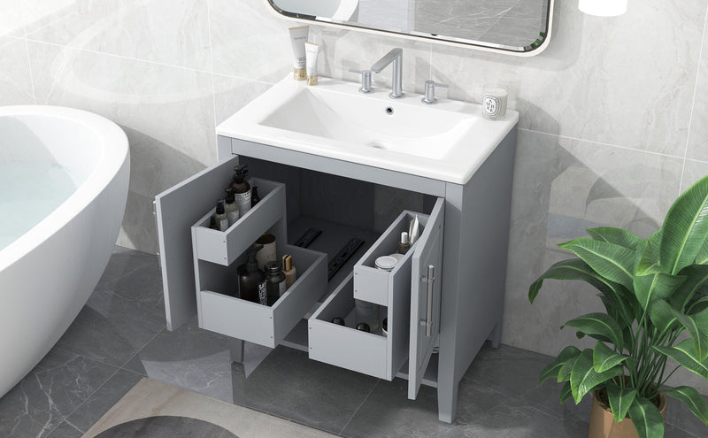 Supfirm 30" Bathroom Vanity with Sink, Multi-functional Bathroom Cabinet with Doors and Drawers, Solid Frame and MDF Board, Grey - Supfirm