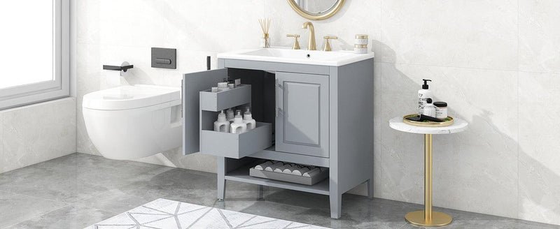 Supfirm 30" Bathroom Vanity with Sink, Multi-functional Bathroom Cabinet with Doors and Drawers, Solid Frame and MDF Board, Grey - Supfirm