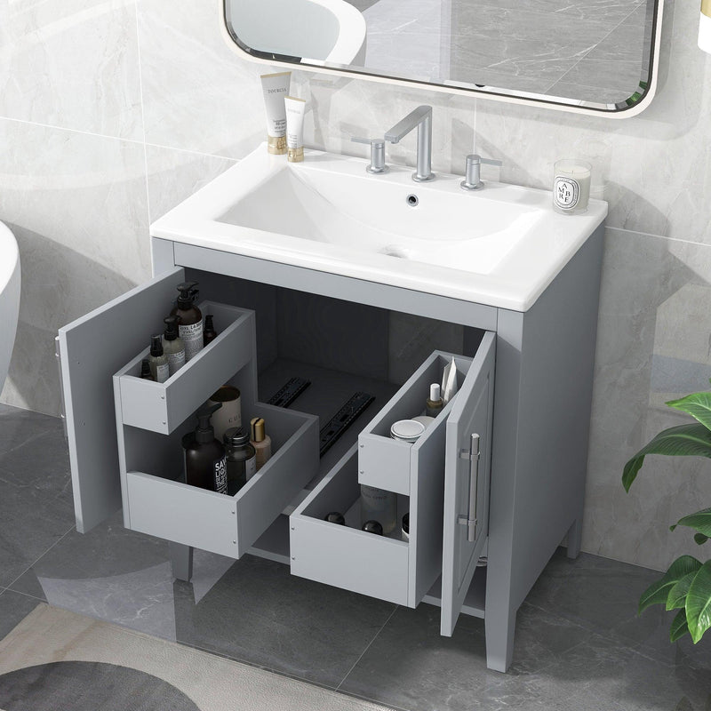 Supfirm 30" Bathroom Vanity with Sink, Multi-functional Bathroom Cabinet with Doors and Drawers, Solid Frame and MDF Board, Grey - Supfirm