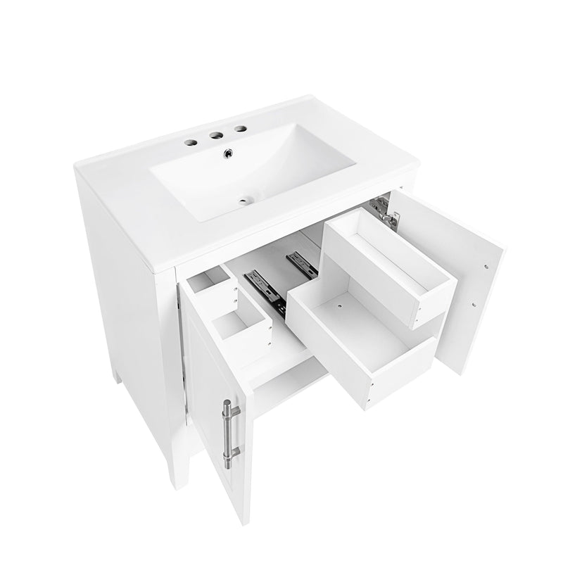 Supfirm 30" Bathroom Vanity with Sink, Multi-functional Bathroom Cabinet with Doors and Drawers, Solid Frame and MDF Board, White - Supfirm