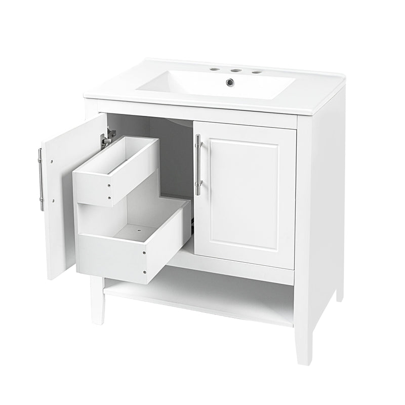 Supfirm 30" Bathroom Vanity with Sink, Multi-functional Bathroom Cabinet with Doors and Drawers, Solid Frame and MDF Board, White - Supfirm