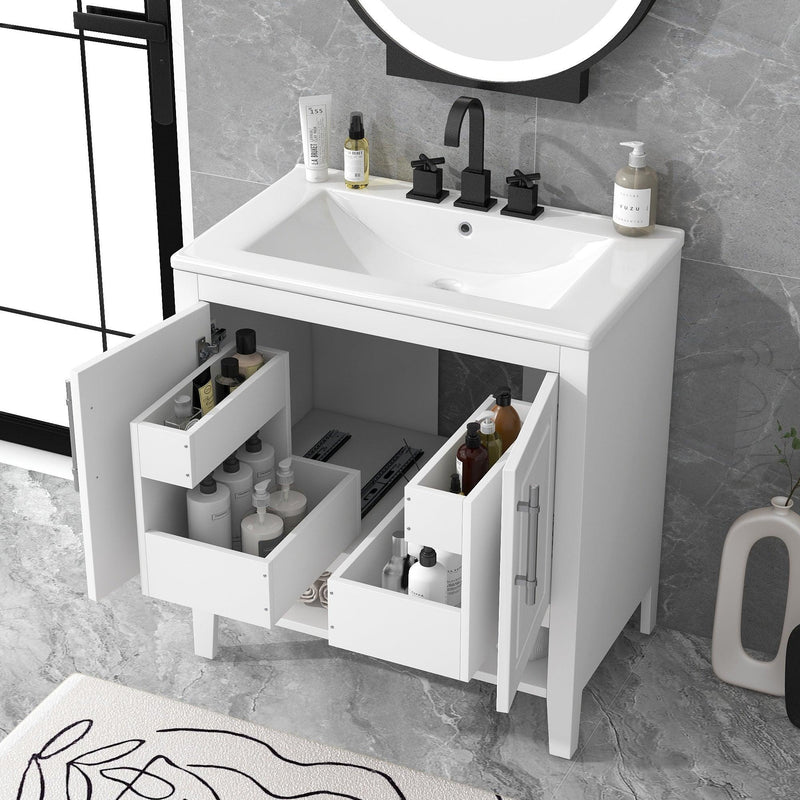 Supfirm 30" Bathroom Vanity with Sink, Multi-functional Bathroom Cabinet with Doors and Drawers, Solid Frame and MDF Board, White - Supfirm