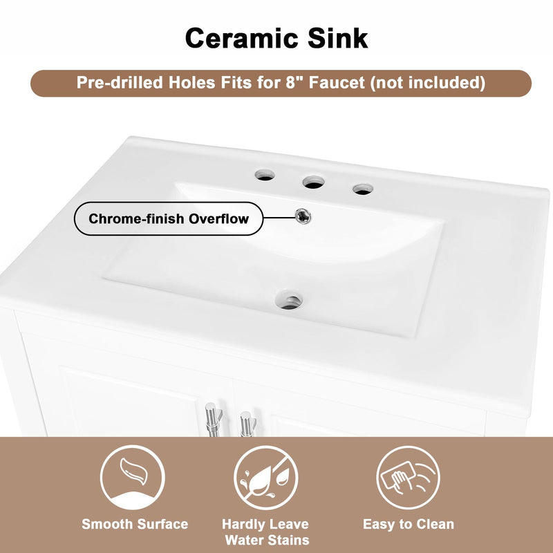 Supfirm 30" Bathroom Vanity with Sink, Multi-functional Bathroom Cabinet with Doors and Drawers, Solid Frame and MDF Board, White - Supfirm