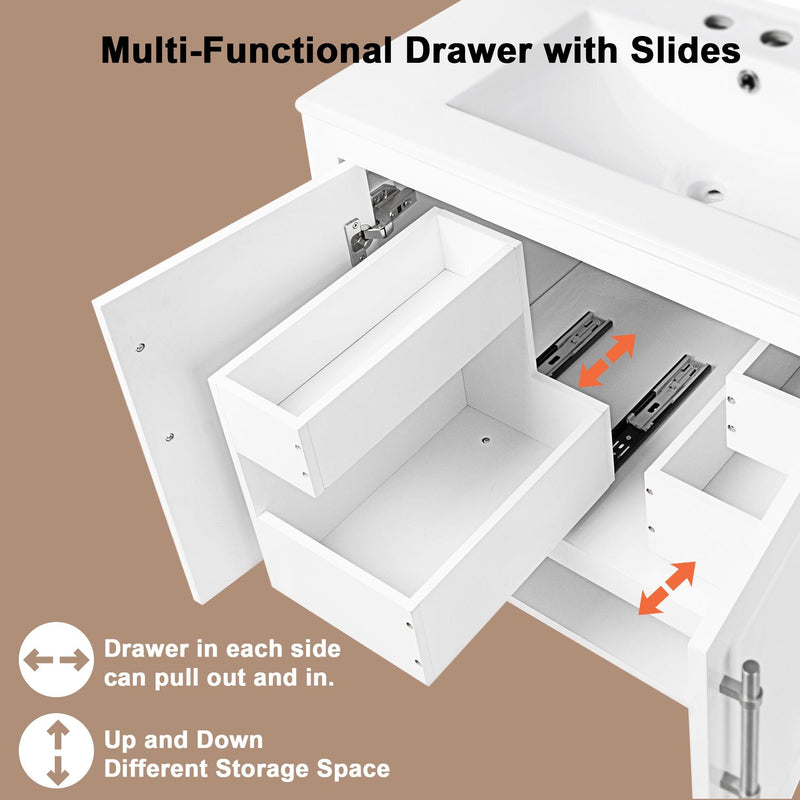 Supfirm 30" Bathroom Vanity with Sink, Multi-functional Bathroom Cabinet with Doors and Drawers, Solid Frame and MDF Board, White - Supfirm