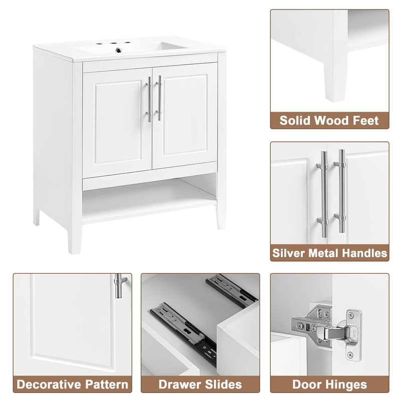 Supfirm 30" Bathroom Vanity with Sink, Multi-functional Bathroom Cabinet with Doors and Drawers, Solid Frame and MDF Board, White - Supfirm