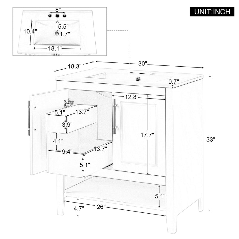 Supfirm 30" Bathroom Vanity with Sink, Multi-functional Bathroom Cabinet with Doors and Drawers, Solid Frame and MDF Board, White - Supfirm