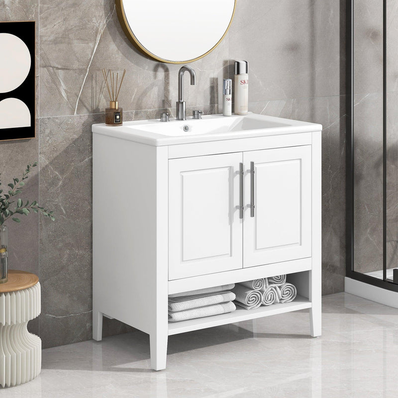 Supfirm 30" Bathroom Vanity with Sink, Multi-functional Bathroom Cabinet with Doors and Drawers, Solid Frame and MDF Board, White - Supfirm