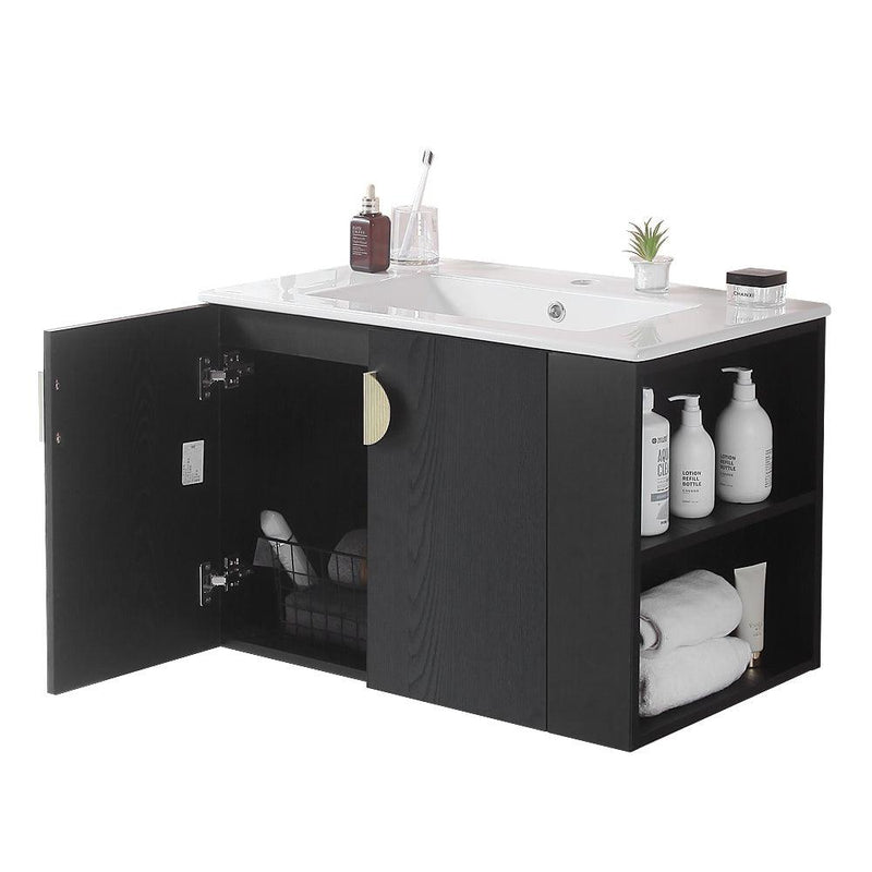 Supfirm 30" Bathroom Vanity with Sink,with two Doors Cabinet Bathroom Vanity Set with Side right Open Storage Shelf,Solid Wood,Excluding faucets,Black - Supfirm