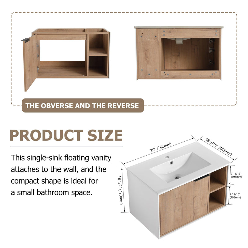 Supfirm 30'' Floating Wall-Mounted Bathroom Vanity with Ceramics Sink & Soft-Close Cabinet Door - Supfirm