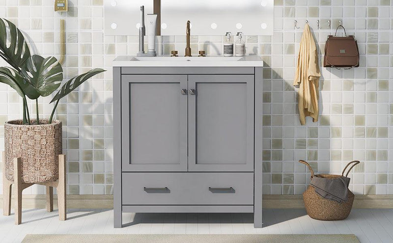 Supfirm 30" Grey Bathroom Vanity with Single Sink, Combo Cabinet Undermount Sink, Bathroom Storage Cabinet with 2 Doors and a Drawer, Soft Closing, Multifunctional Storage, Solid Wood Frame - Supfirm