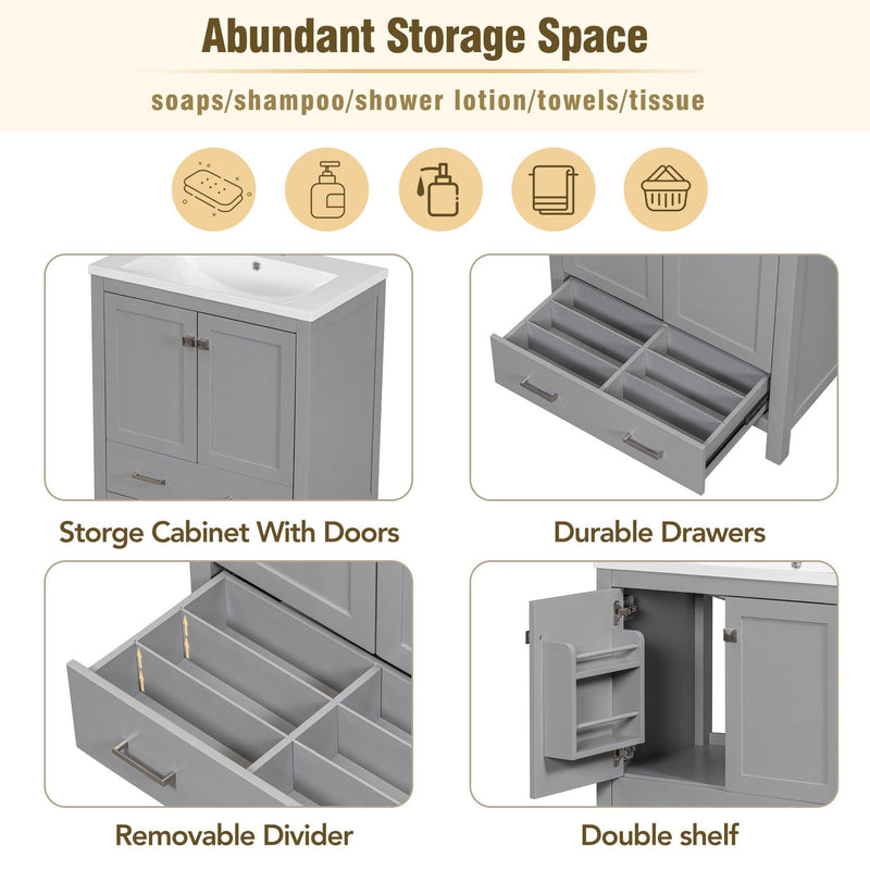 Supfirm 30" Grey Bathroom Vanity with Single Sink, Combo Cabinet Undermount Sink, Bathroom Storage Cabinet with 2 Doors and a Drawer, Soft Closing, Multifunctional Storage, Solid Wood Frame - Supfirm