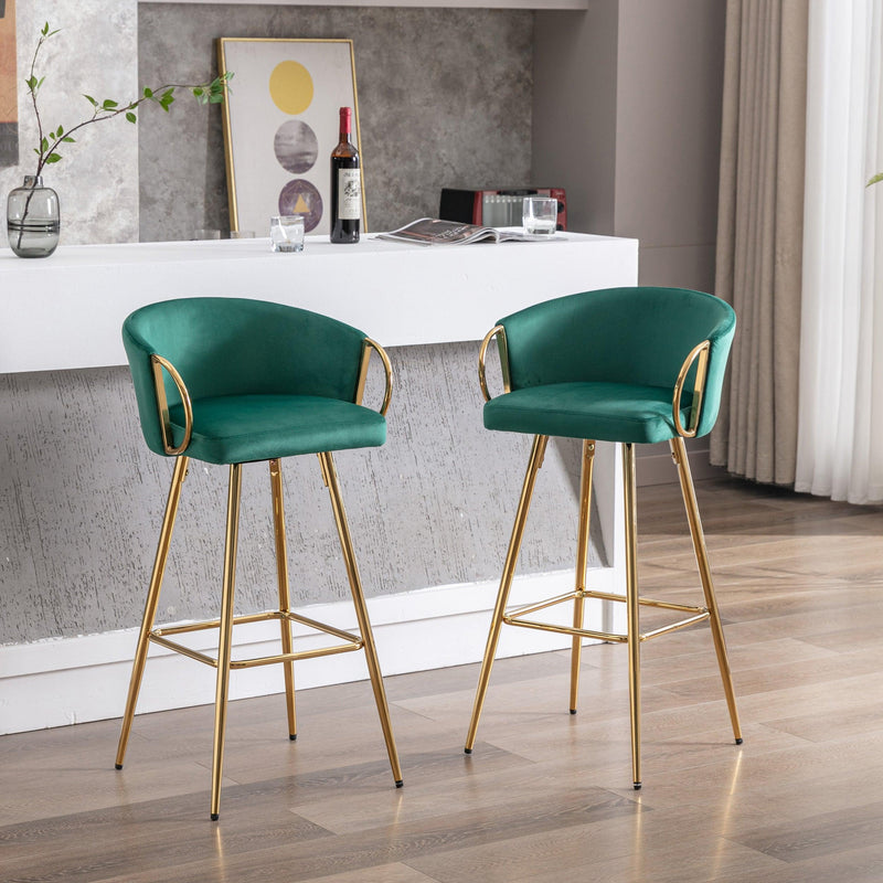 30 Inch Set of 2 Bar Stools,with Chrome Footrest and Base Velvet + Golden Leg Simple Bar Stool, Kitchen Island Seats, GREEN - Supfirm