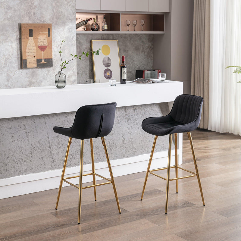 30 inch Set of 2 Bar Stools,with Chrome Footrest Velvet Fabric Counter Stool Golden Leg Simple High Bar Stool, Kitchen Island Seats, black - Supfirm