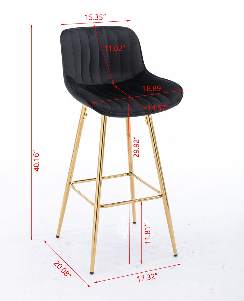 30 inch Set of 2 Bar Stools,with Chrome Footrest Velvet Fabric Counter Stool Golden Leg Simple High Bar Stool, Kitchen Island Seats, black - Supfirm