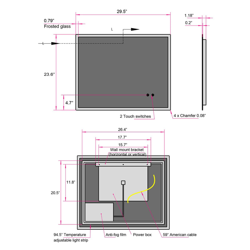 Supfirm 30" W x 24" H Modern Wall Mounted LED Backlit Anti-Fog Rectangular Bathroom Mirror with Temperature Adjustable and Memory Function Touch Switch - Supfirm