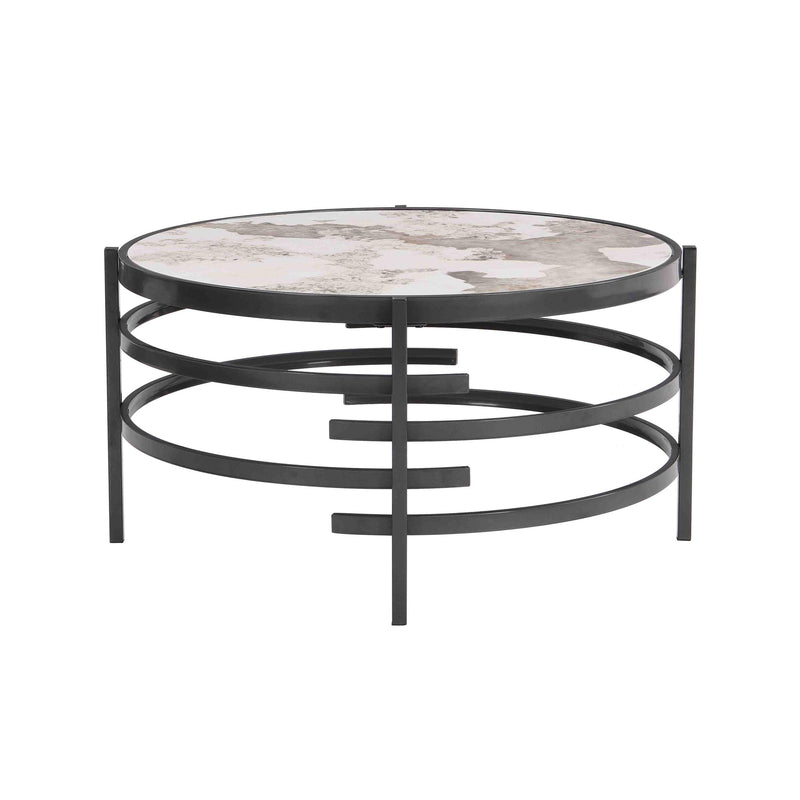 32.48'' Round Coffee Table With Sintered Stone Top&Sturdy Metal Frame, Modern Coffee Table for Living Room, Darker Gray - Supfirm