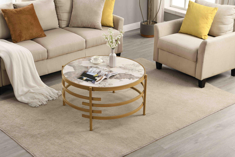 32.48'' Round Coffee Table With Sintered Stone Top&Sturdy Metal Frame, Modern Coffee Table for Living Room, Golden - Supfirm