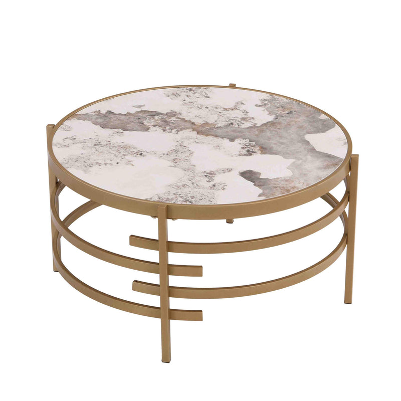 32.48'' Round Coffee Table With Sintered Stone Top&Sturdy Metal Frame, Modern Coffee Table for Living Room, Golden - Supfirm