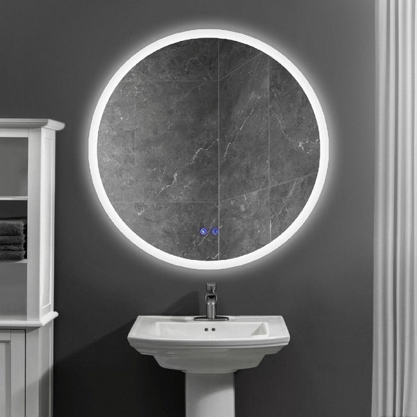 Supfirm 32 x 32 Inch Round Frameless LED Illuminated Bathroom Mirror, Touch Button Defogger, Metal, Silver - Supfirm