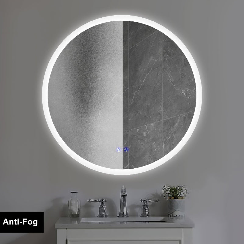 Supfirm 32 x 32 Inch Round Frameless LED Illuminated Bathroom Mirror, Touch Button Defogger, Metal, Silver - Supfirm