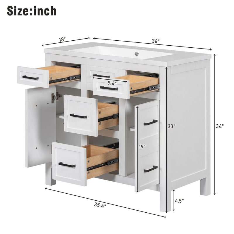 Supfirm 36" Bathroom Vanity Cabinet with Resin Integrated Sink - 4 Drawers, 2 Doors - Supfirm