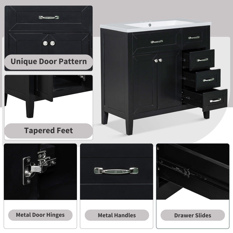 36" Bathroom Vanity with Sink Combo, Black Bathroom Cabinet with Drawers, Solid Frame and MDF Board - Supfirm