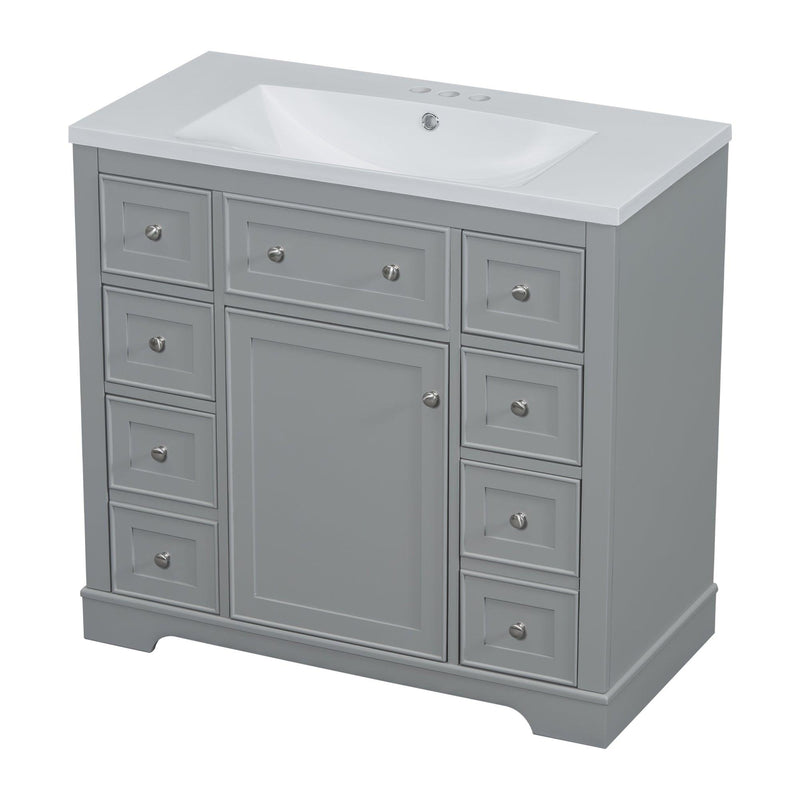 36" Bathroom Vanity with Sink Combo, One Cabinet and Six Drawers, Solid Wood and MDF Board, Grey - Supfirm