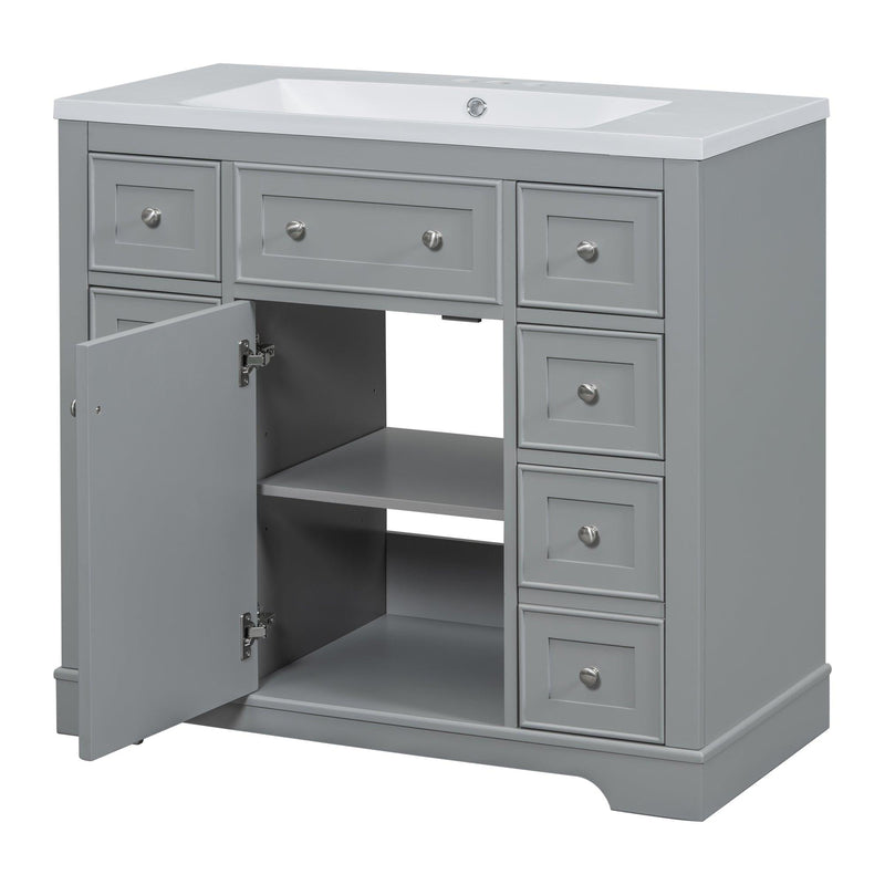 36" Bathroom Vanity with Sink Combo, One Cabinet and Six Drawers, Solid Wood and MDF Board, Grey - Supfirm