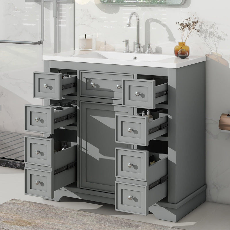 36" Bathroom Vanity with Sink Combo, One Cabinet and Six Drawers, Solid Wood and MDF Board, Grey - Supfirm