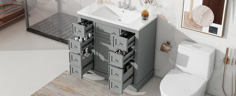 36" Bathroom Vanity with Sink Combo, One Cabinet and Six Drawers, Solid Wood and MDF Board, Grey - Supfirm