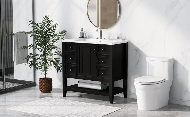 36" Bathroom Vanity with Sink Combo, One Cabinet and Three Drawers, Solid Wood and MDF Board, Black - Supfirm