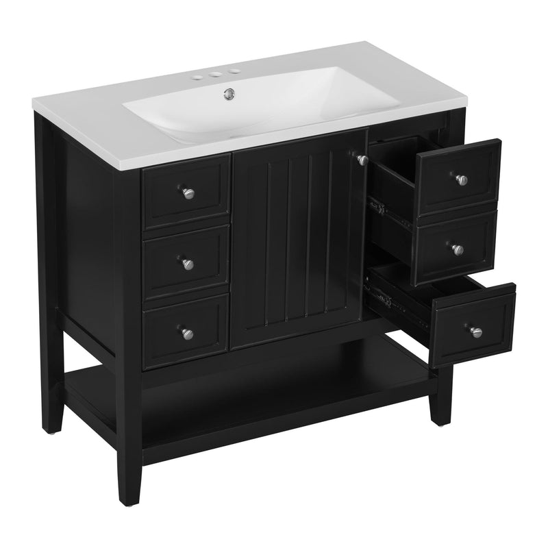 36" Bathroom Vanity with Sink Combo, One Cabinet and Three Drawers, Solid Wood and MDF Board, Black - Supfirm