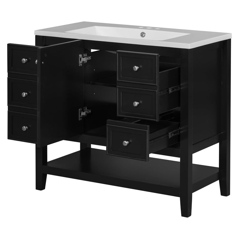 36" Bathroom Vanity with Sink Combo, One Cabinet and Three Drawers, Solid Wood and MDF Board, Black - Supfirm