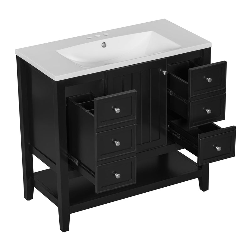 36" Bathroom Vanity with Sink Combo, One Cabinet and Three Drawers, Solid Wood and MDF Board, Black - Supfirm