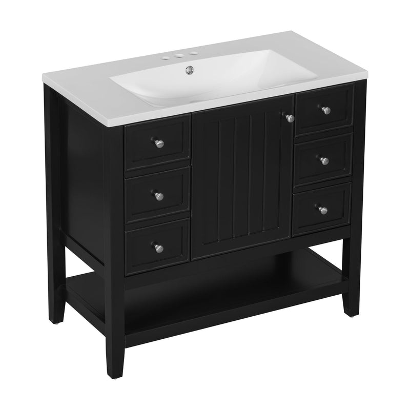 36" Bathroom Vanity with Sink Combo, One Cabinet and Three Drawers, Solid Wood and MDF Board, Black - Supfirm