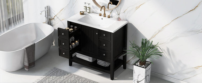 36" Bathroom Vanity with Sink Combo, One Cabinet and Three Drawers, Solid Wood and MDF Board, Black - Supfirm