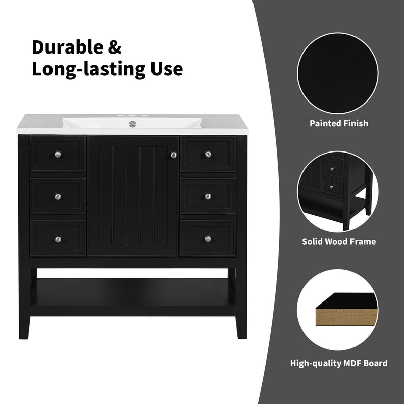 36" Bathroom Vanity with Sink Combo, One Cabinet and Three Drawers, Solid Wood and MDF Board, Black - Supfirm