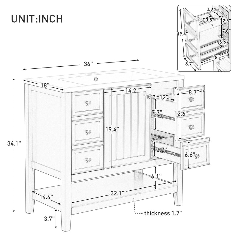 36" Bathroom Vanity with Sink Combo, One Cabinet and Three Drawers, Solid Wood and MDF Board, Blue - Supfirm