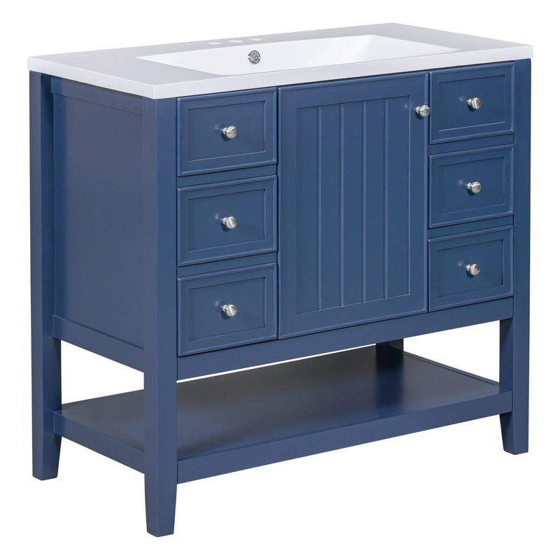 36" Bathroom Vanity with Sink Combo, One Cabinet and Three Drawers, Solid Wood and MDF Board, Blue - Supfirm