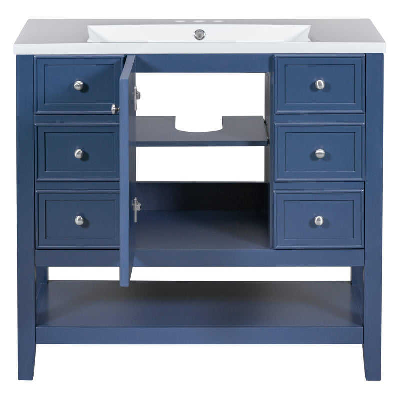 36" Bathroom Vanity with Sink Combo, One Cabinet and Three Drawers, Solid Wood and MDF Board, Blue - Supfirm