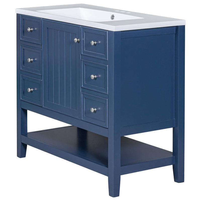 36" Bathroom Vanity with Sink Combo, One Cabinet and Three Drawers, Solid Wood and MDF Board, Blue - Supfirm