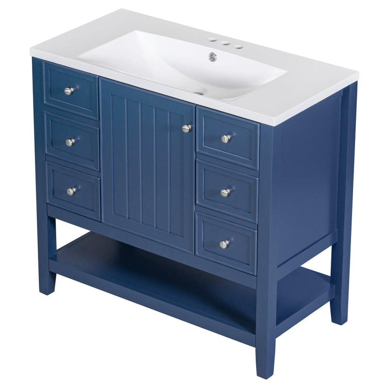 36" Bathroom Vanity with Sink Combo, One Cabinet and Three Drawers, Solid Wood and MDF Board, Blue - Supfirm