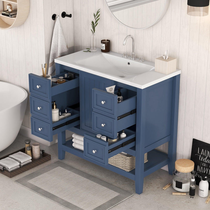 36" Bathroom Vanity with Sink Combo, One Cabinet and Three Drawers, Solid Wood and MDF Board, Blue - Supfirm