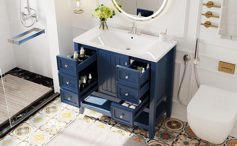 36" Bathroom Vanity with Sink Combo, One Cabinet and Three Drawers, Solid Wood and MDF Board, Blue - Supfirm