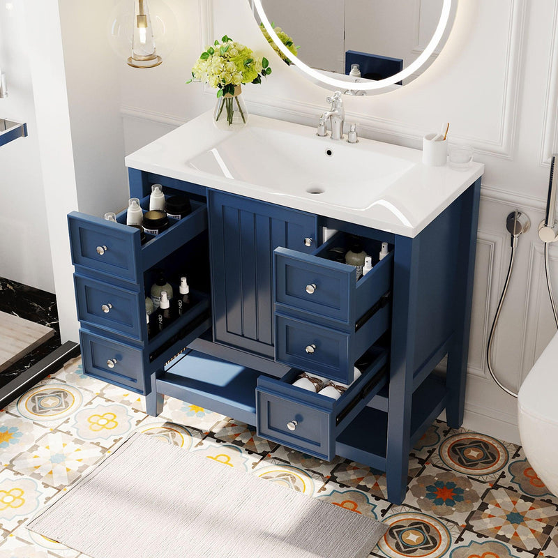 36" Bathroom Vanity with Sink Combo, One Cabinet and Three Drawers, Solid Wood and MDF Board, Blue - Supfirm