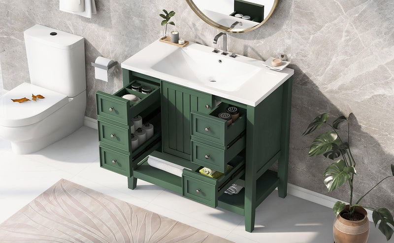 36" Bathroom Vanity with Sink Combo, One Cabinet and Three Drawers, Solid Wood and MDF Board, Green - Supfirm