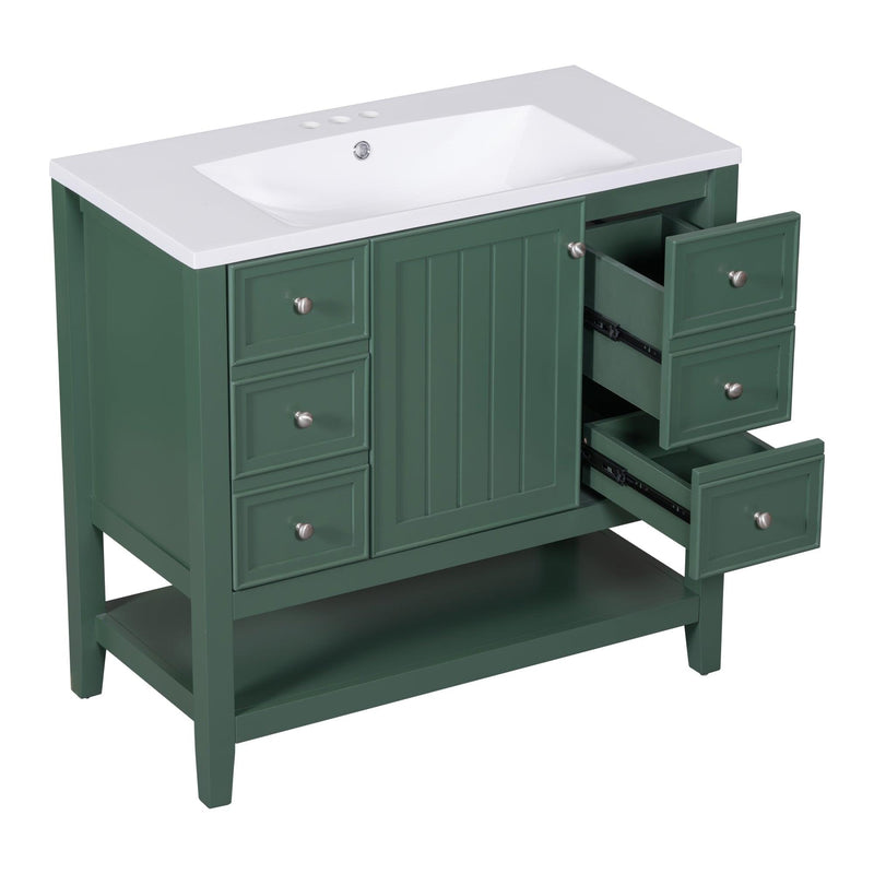 36" Bathroom Vanity with Sink Combo, One Cabinet and Three Drawers, Solid Wood and MDF Board, Green - Supfirm