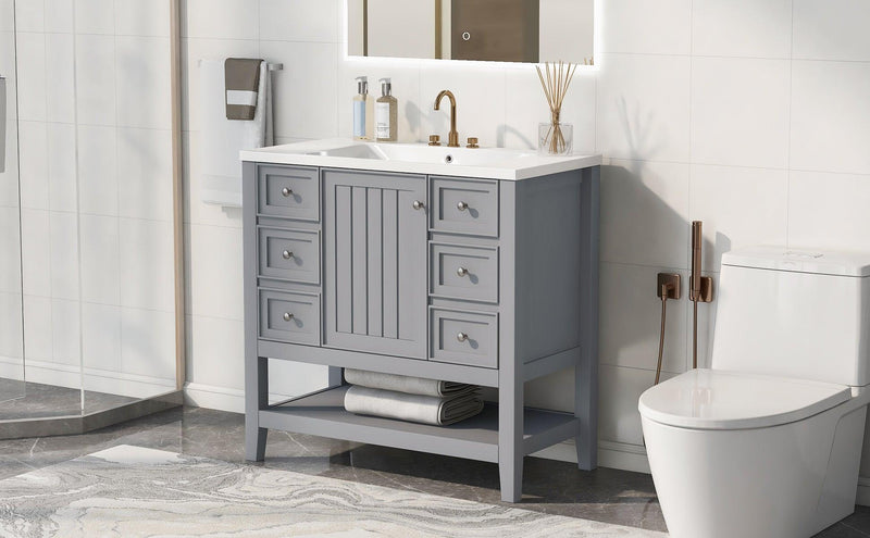 36" Bathroom Vanity with Sink Combo, One Cabinet and Three Drawers, Solid Wood and MDF Board, Grey - Supfirm