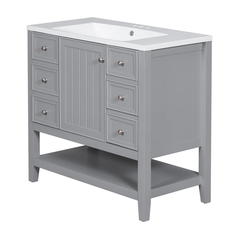 36" Bathroom Vanity with Sink Combo, One Cabinet and Three Drawers, Solid Wood and MDF Board, Grey - Supfirm